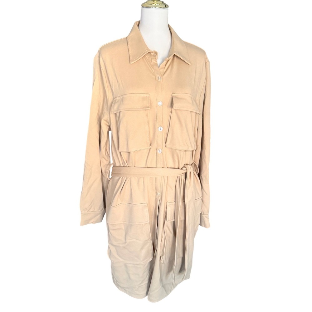 Rebdolls Tan Utility Shirt Dress Long Sleeve Cargo Pocket Belted Plus Size 2XL